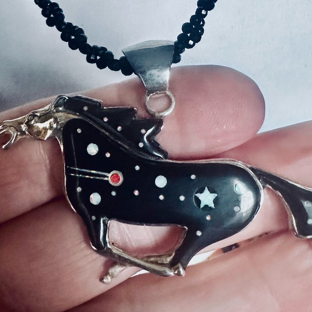 Black Onyx Galaxy Inlay Horse Pendant Necklace on beaded Black Spinel chain NWT